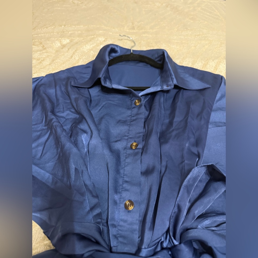 Linsery NWOT Navy Blue Belted Maxi Ruched Shirt Dress - Size M - Picture 9 of 14